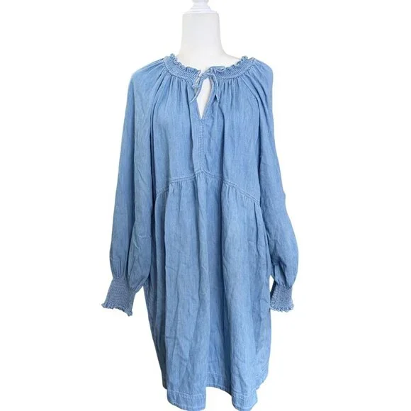 Puff Sleeve Jean Denim Mini Poet Swing Dress XL - Picture 2 of 5